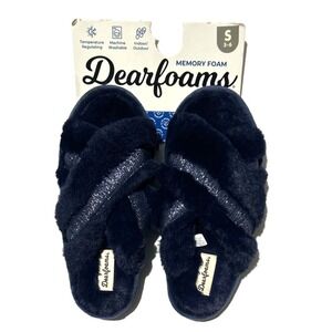 Dearfoams Memory Foam Slippers Size S 5-6 Navy Blue Crossband Cozy‎ Fluffy Warm